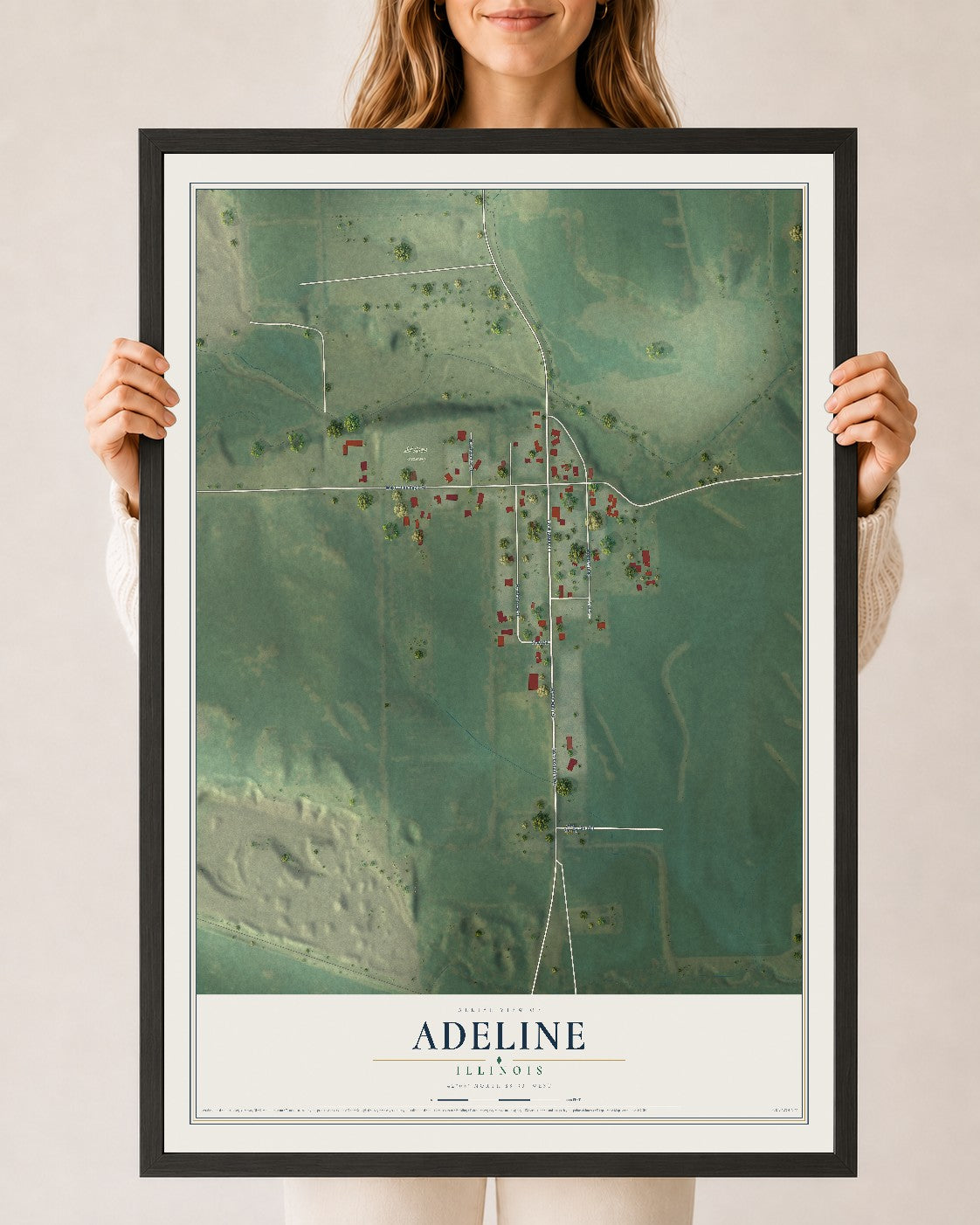Map of Adeline, Illinois, 24 x 36 inch print in a black wood frame