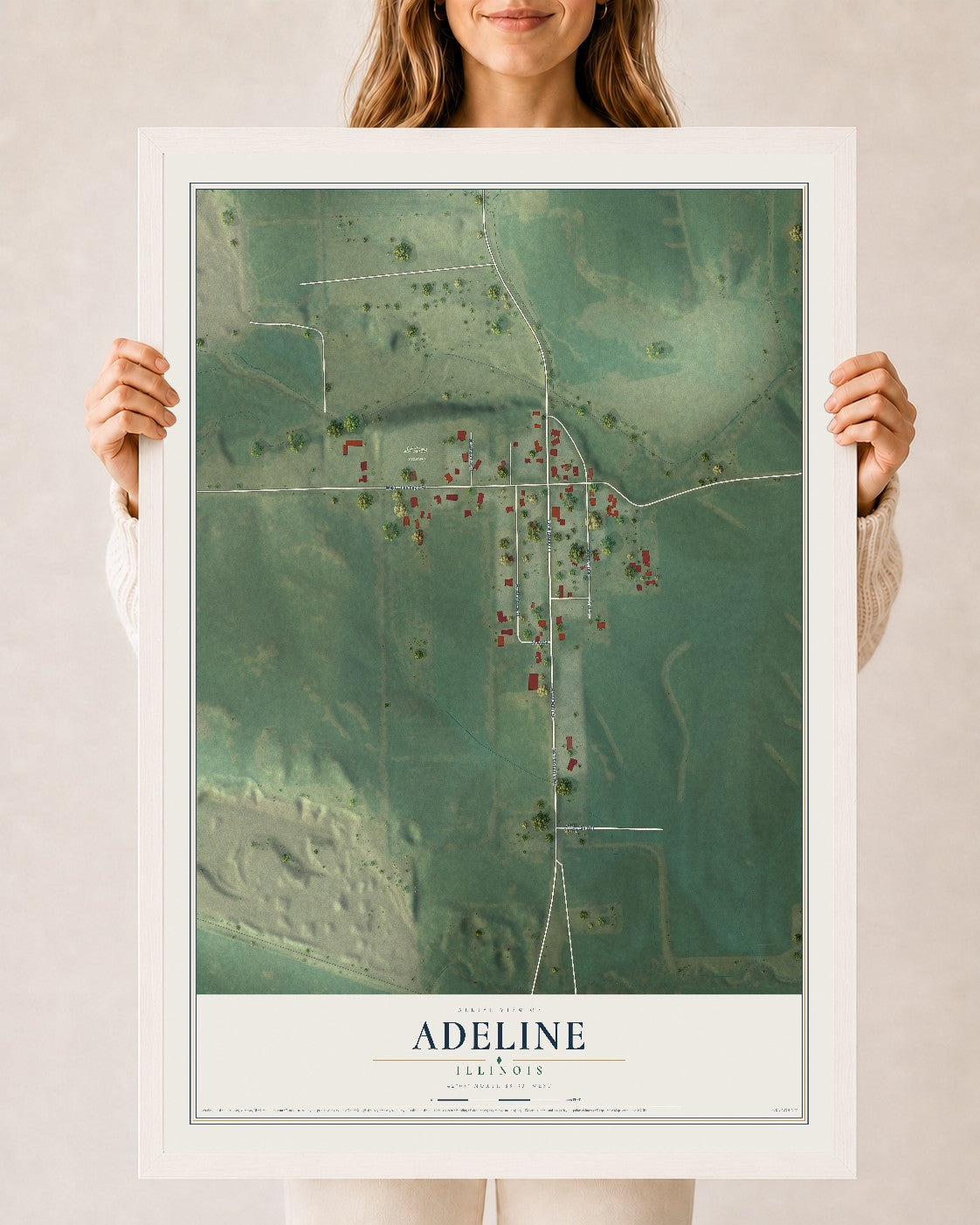 Map of Adeline, Illinois, 24 x 36 inch print in a white wood frame