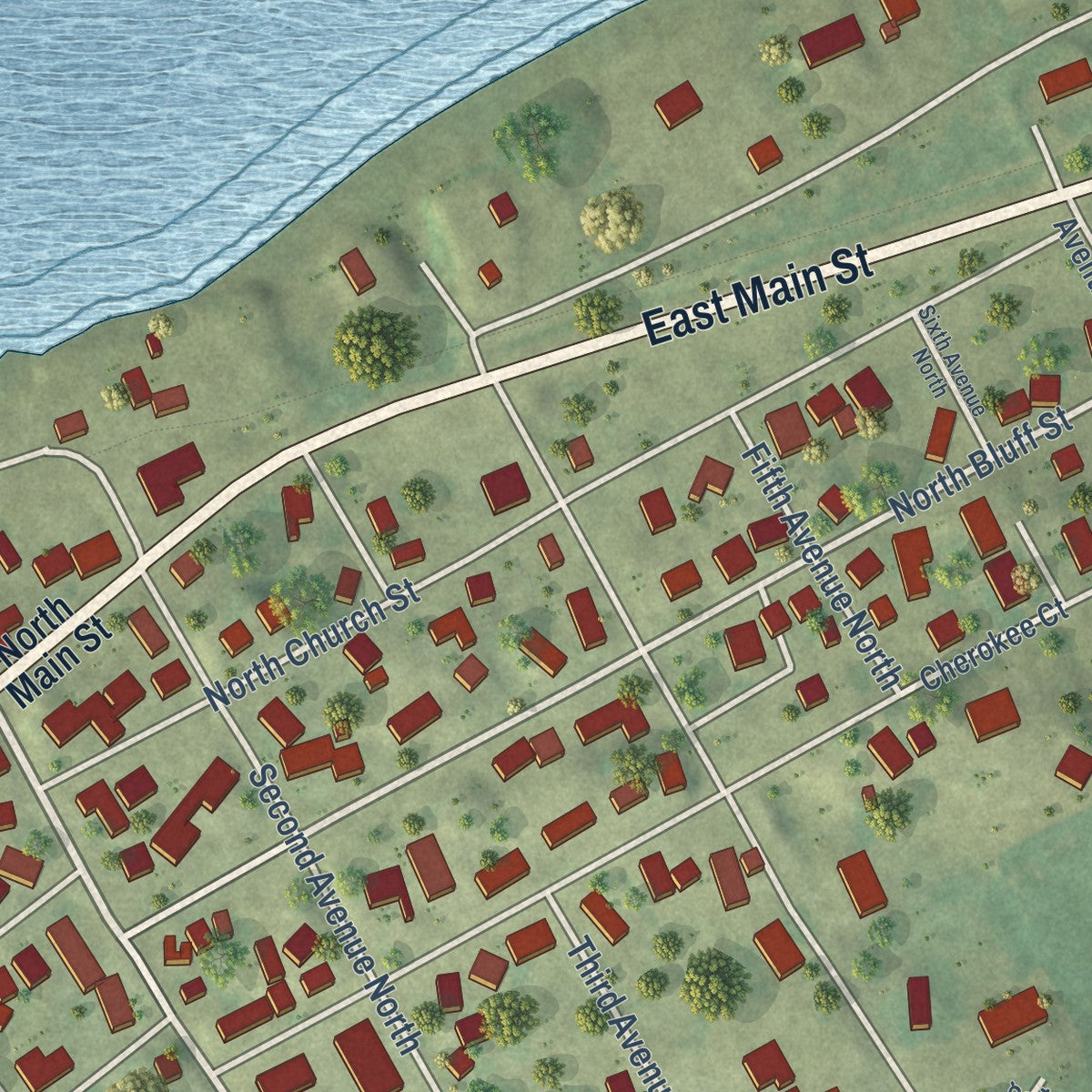 Close-up of the map of Albany, Illinois print showing street and building detail