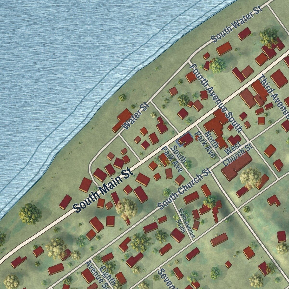 Second close-up of the map of Albany, Illinois print showing more streets and buildings