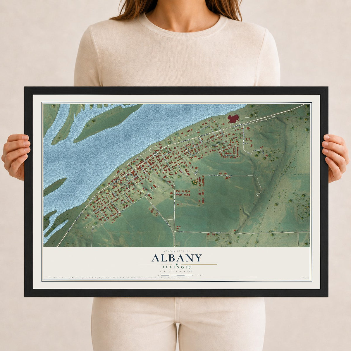 Map of Albany, Illinois, 12 x 18 inch print in a black wood frame
