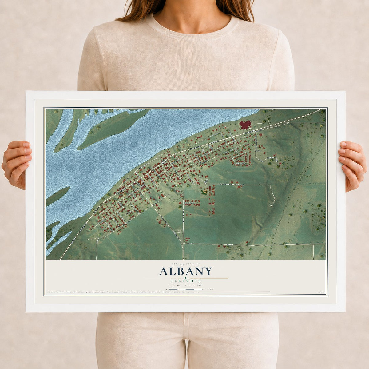 Map of Albany, Illinois, 12 x 18 inch print in a white wood frame