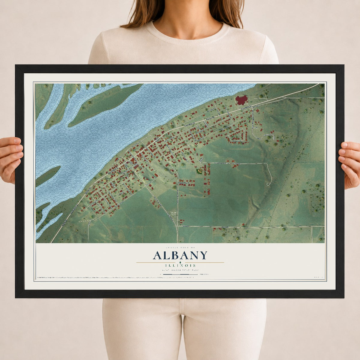 Map of Albany, Illinois, 18 x 24 inch print in a black wood frame