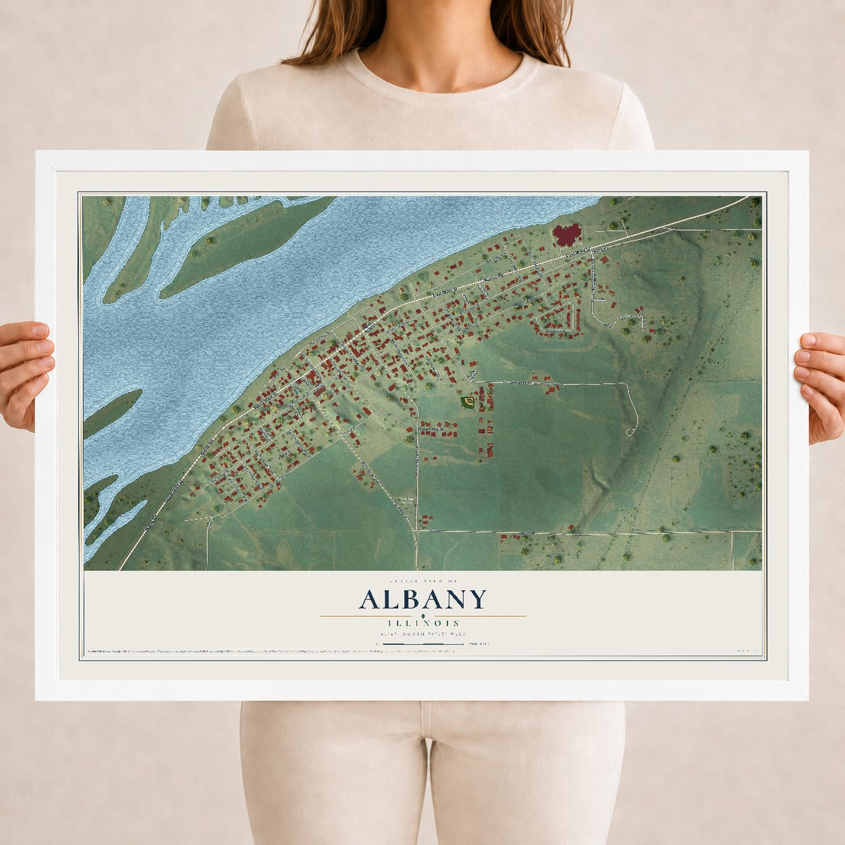 Map of Albany, Illinois, 18 x 24 inch print in a white wood frame