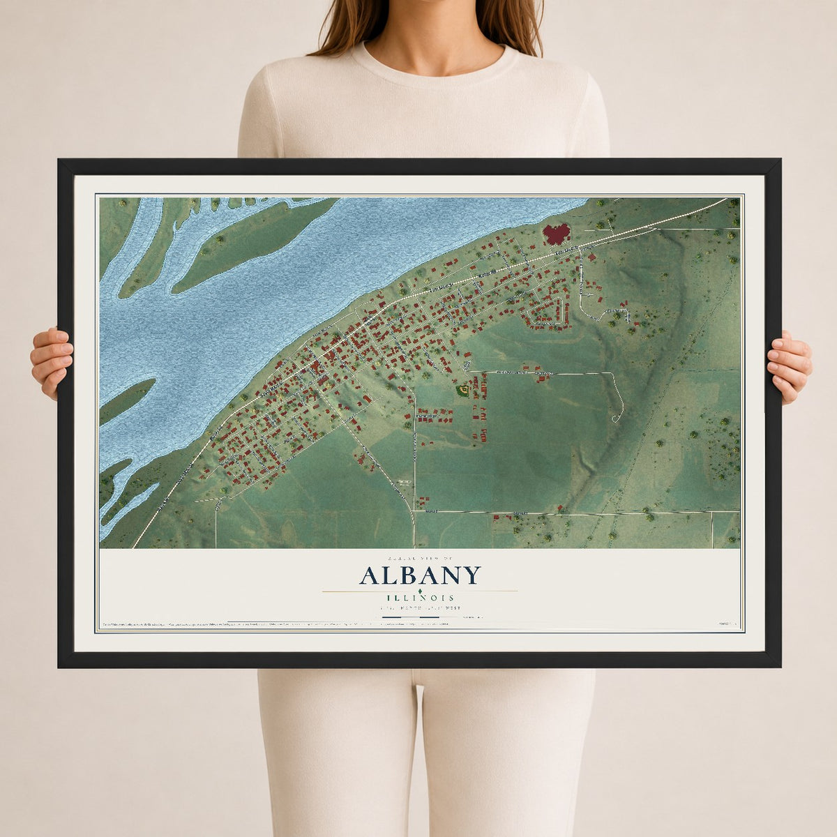 Map of Albany, Illinois, 24 x 36 inch print in a black wood frame
