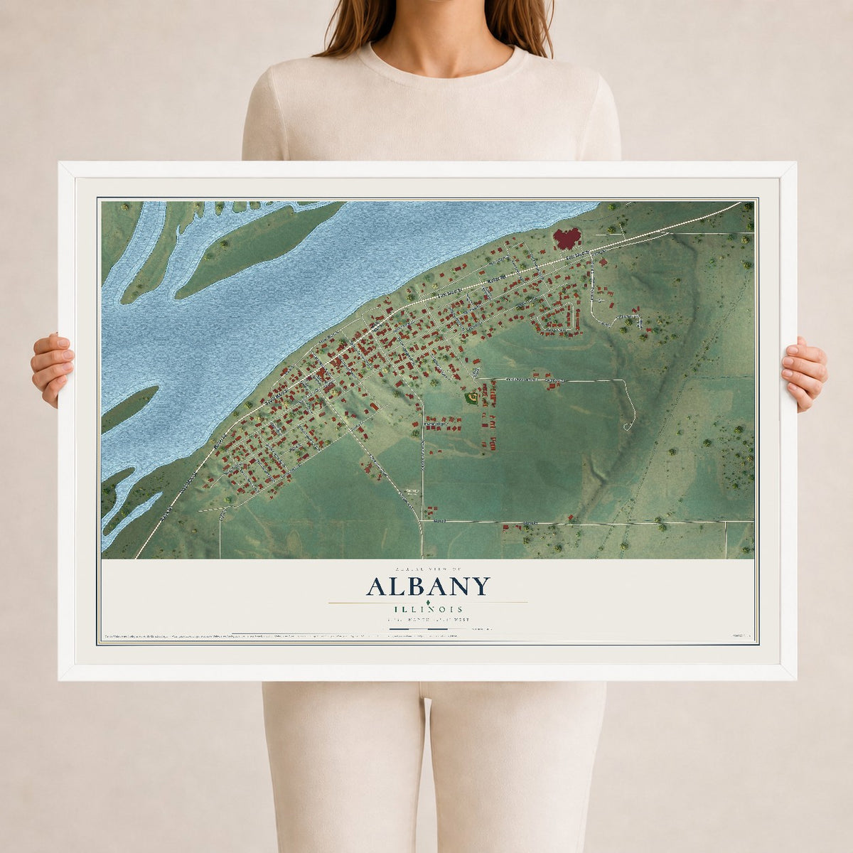 Map of Albany, Illinois, 24 x 36 inch print in a white wood frame
