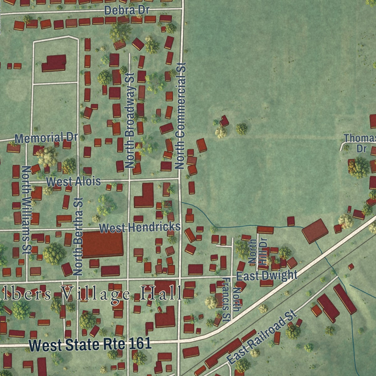 Close-up of the map of Albers, Illinois print showing street and building detail