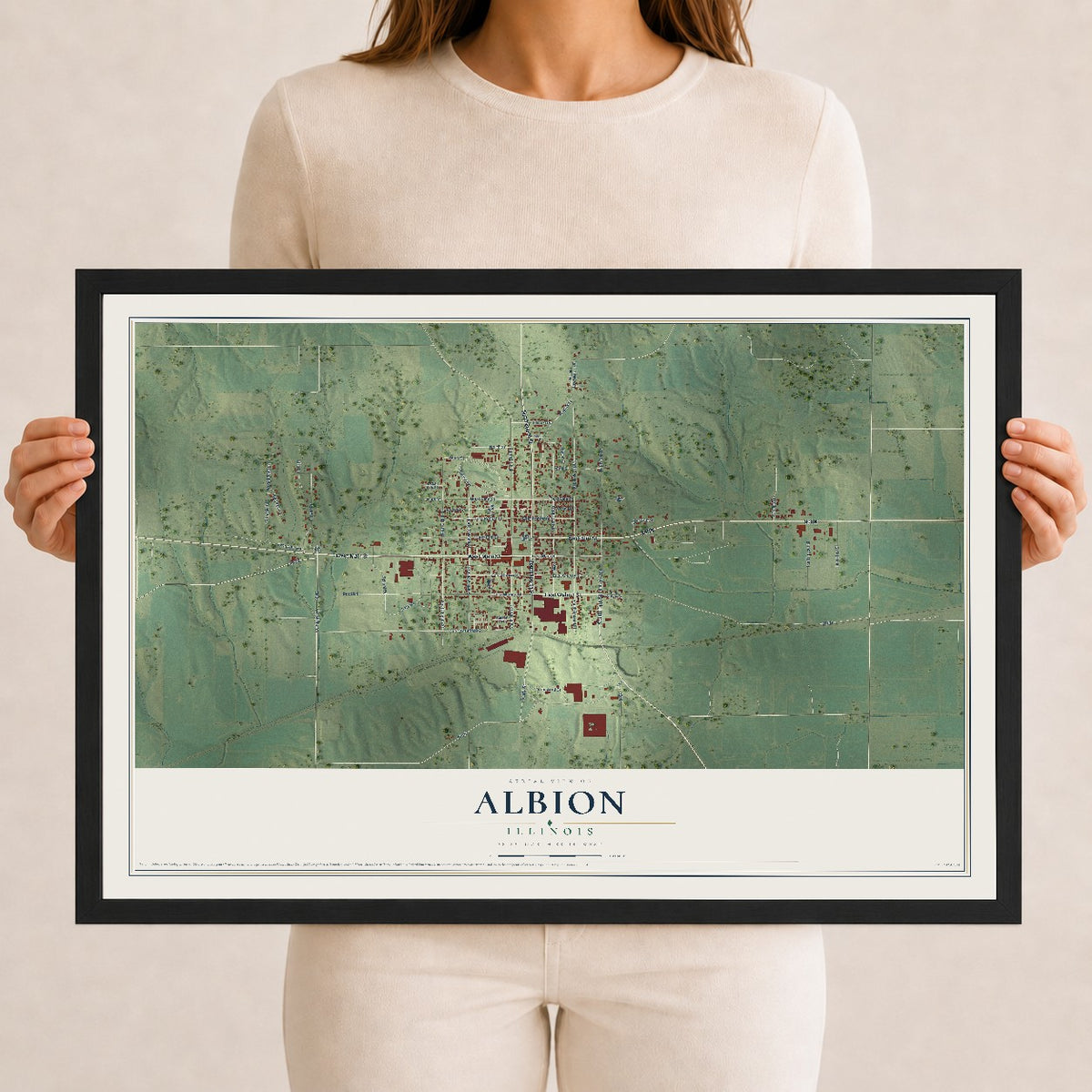 Map of Albion, Illinois, 12 x 18 inch print in a black wood frame