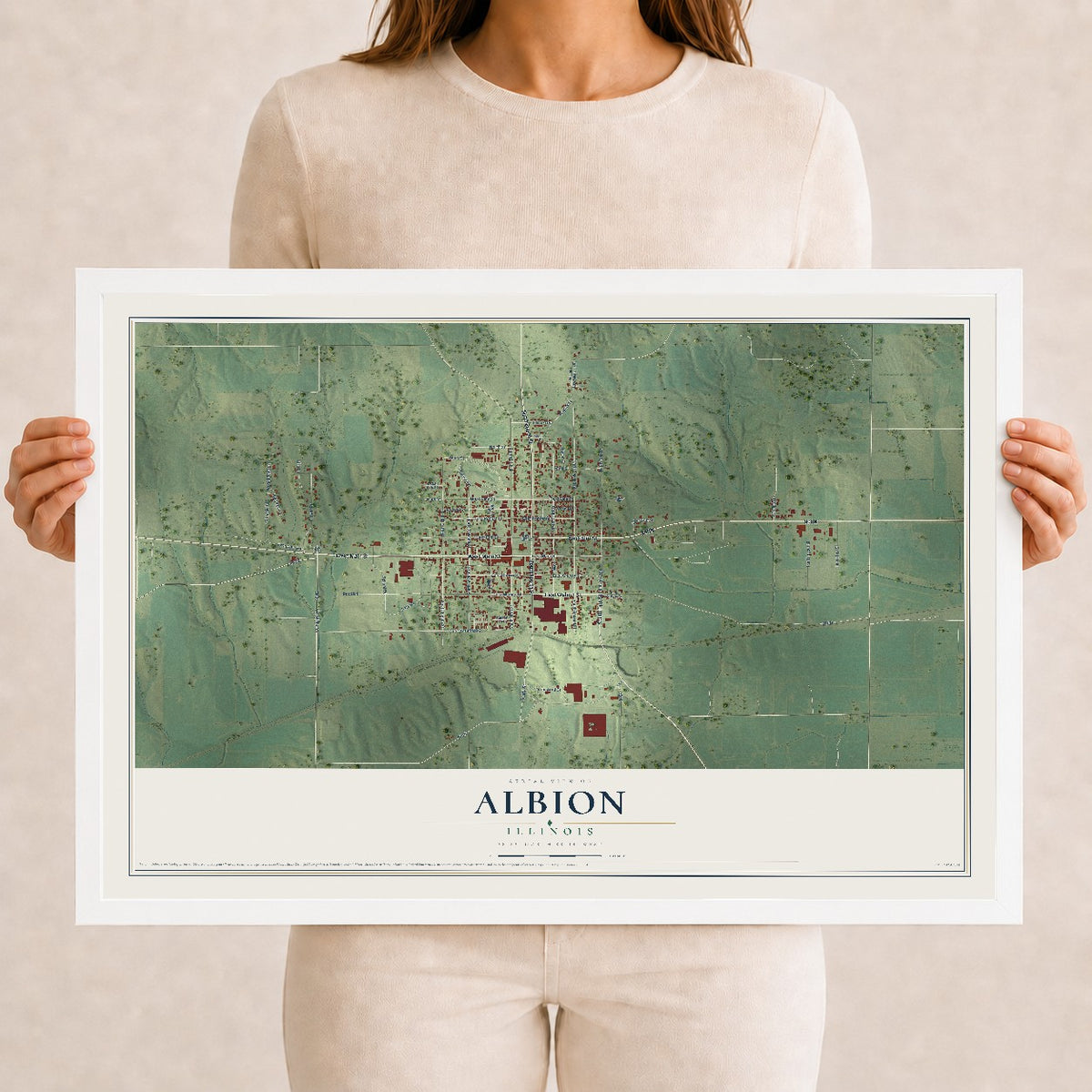 Map of Albion, Illinois, 12 x 18 inch print in a white wood frame