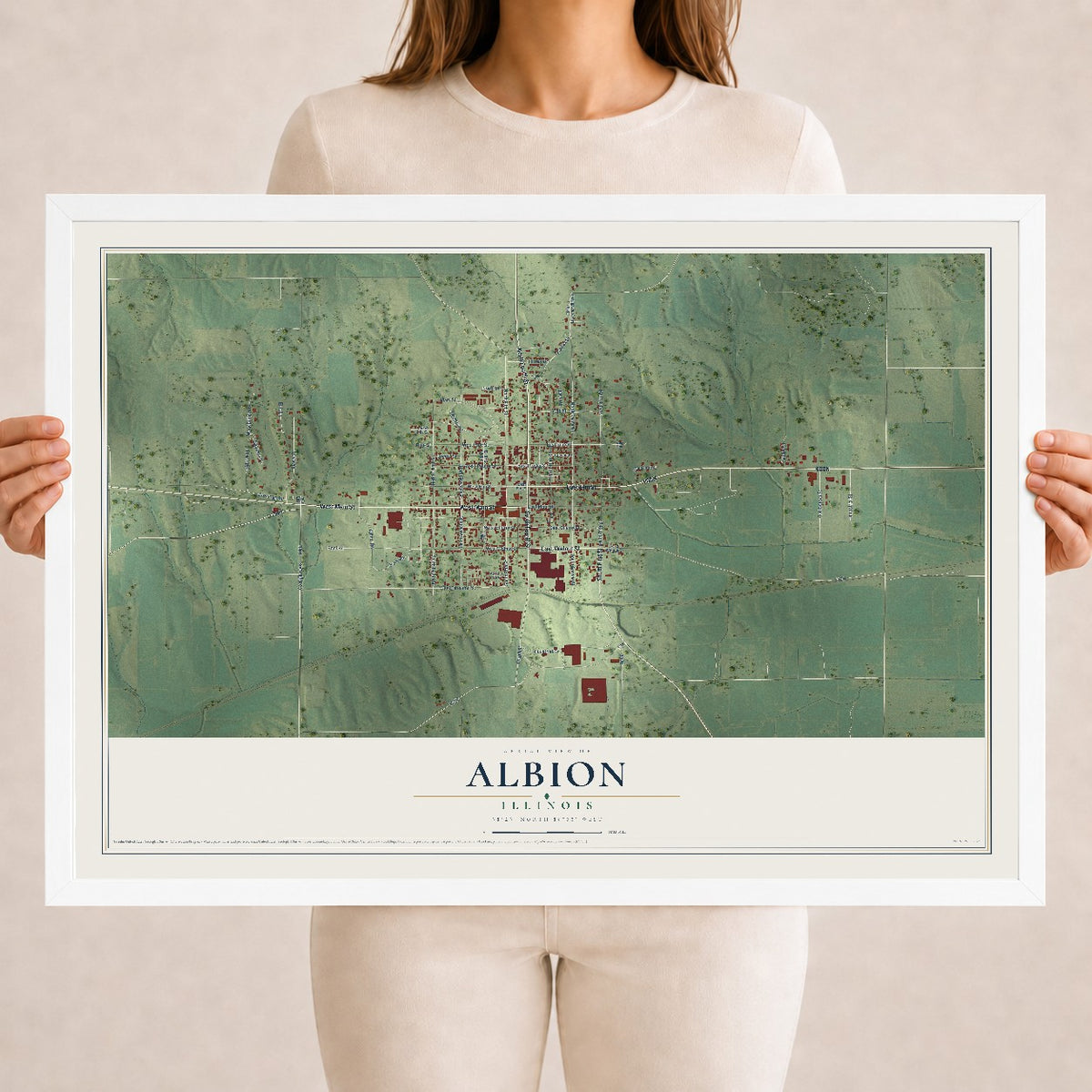 Map of Albion, Illinois, 18 x 24 inch print in a white wood frame