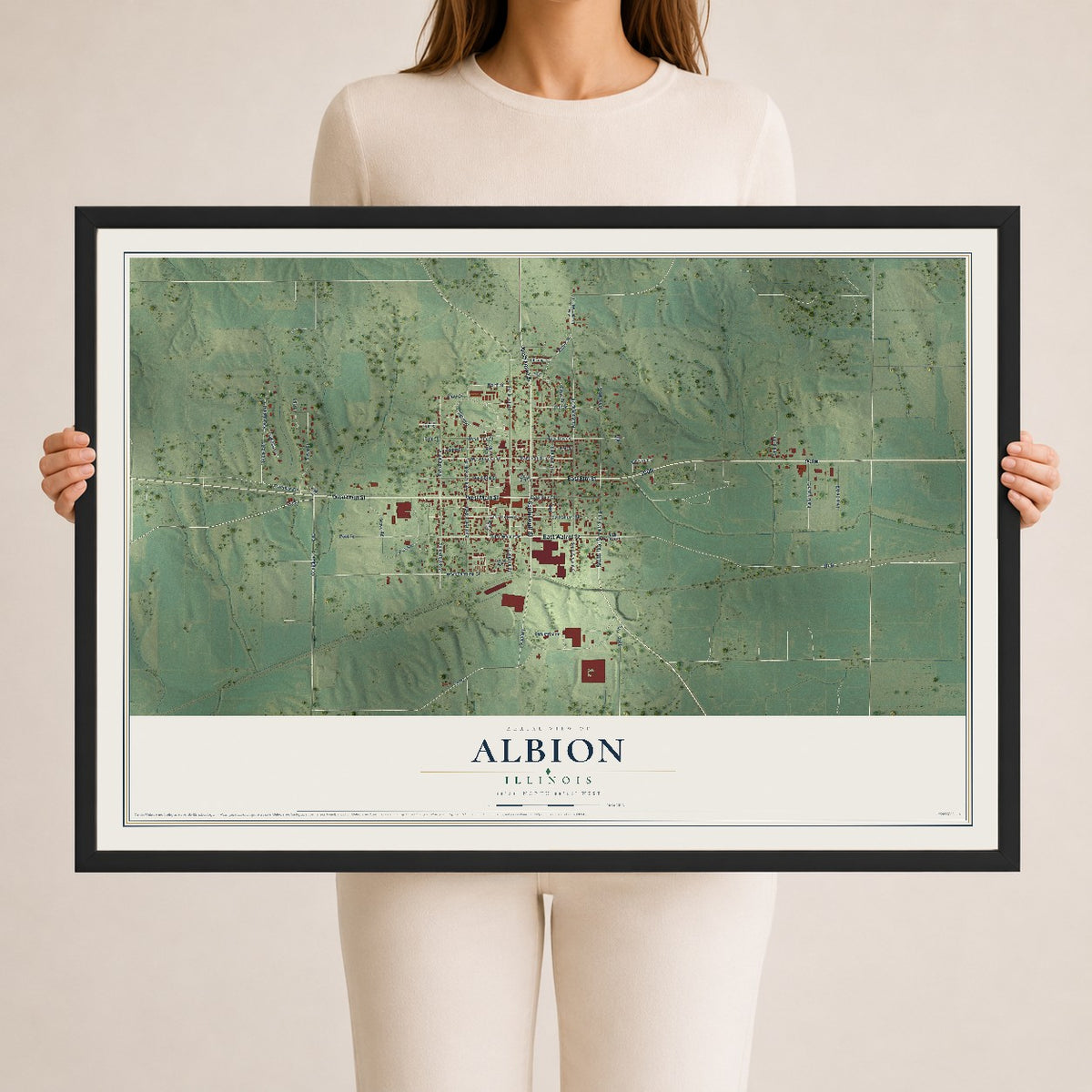 Map of Albion, Illinois, 24 x 36 inch print in a black wood frame
