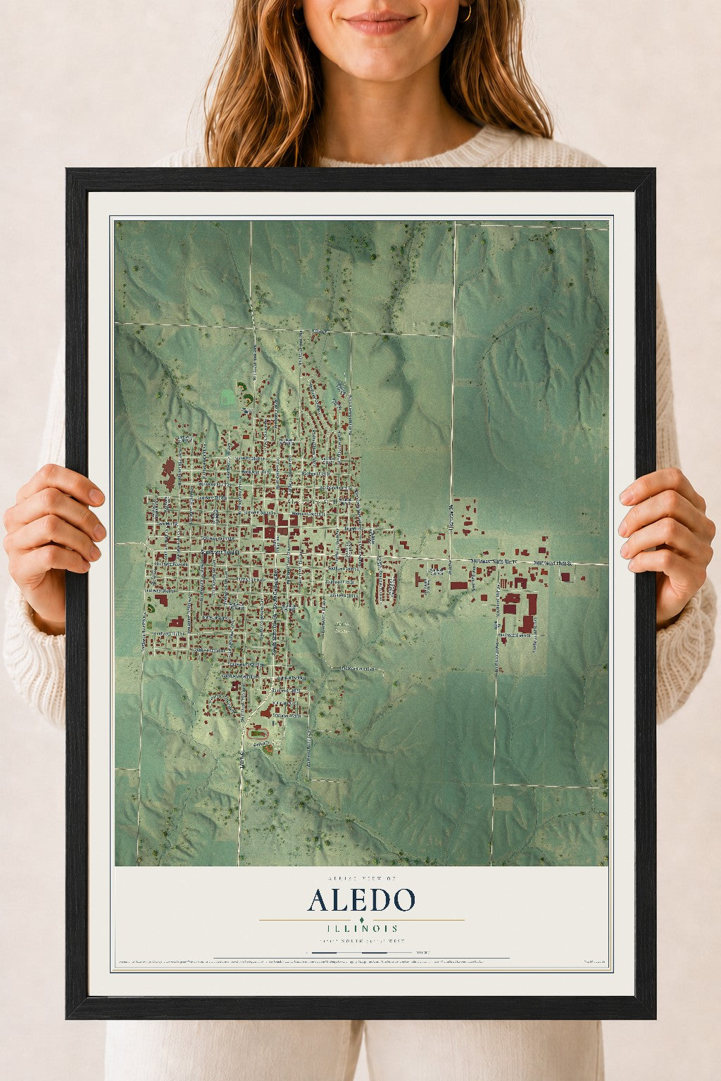 Map of Aledo, Illinois, 18 x 24 inch print in a black wood frame