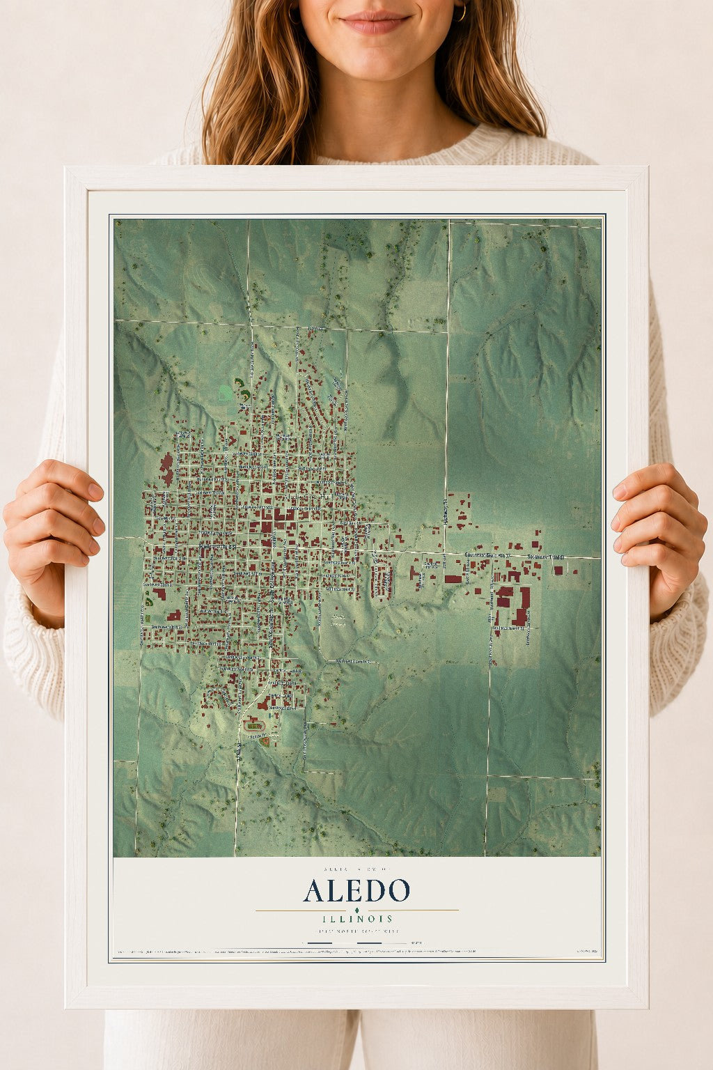 Map of Aledo, Illinois, 18 x 24 inch print in a white wood frame