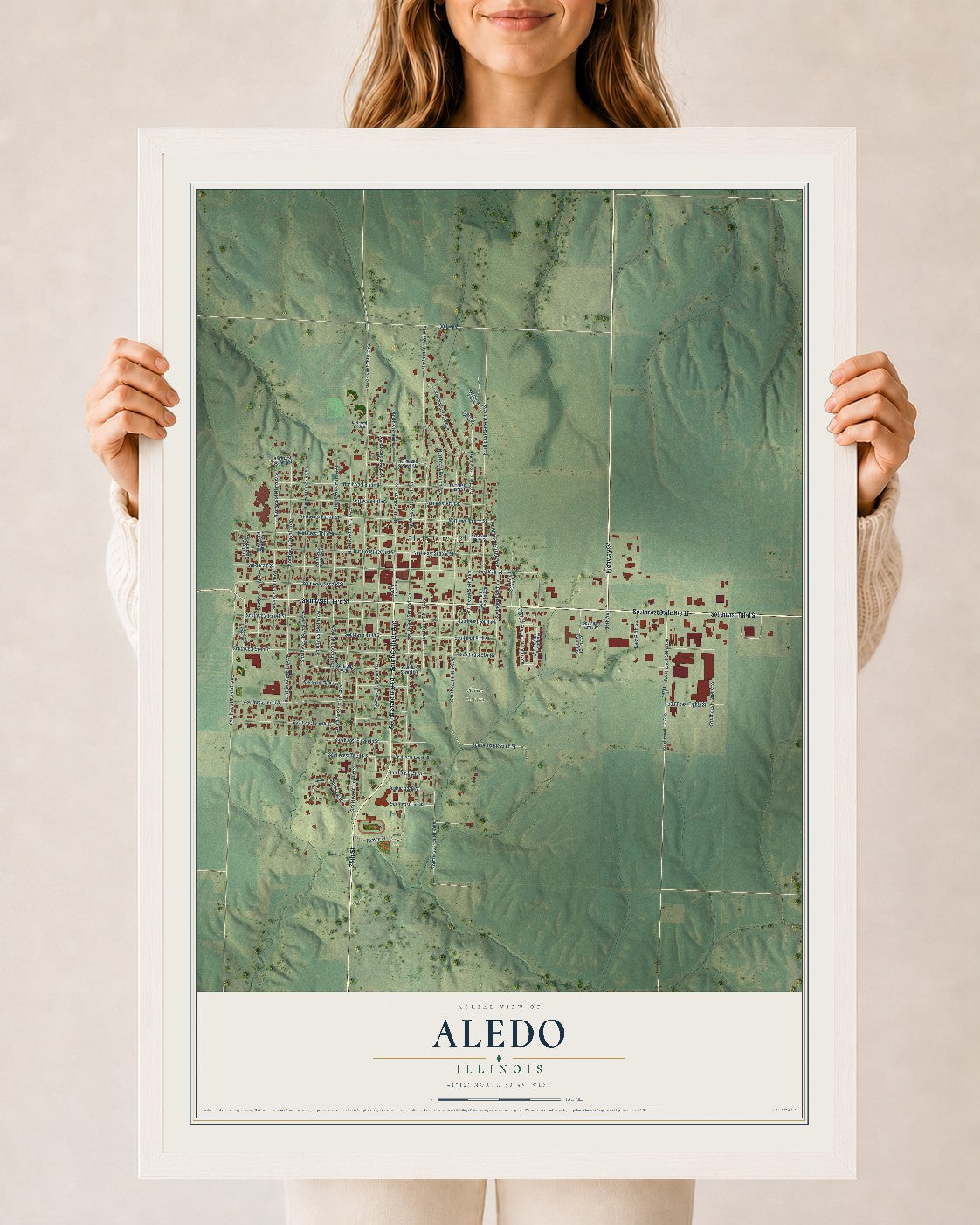 Map of Aledo, Illinois, 24 x 36 inch print in a white wood frame