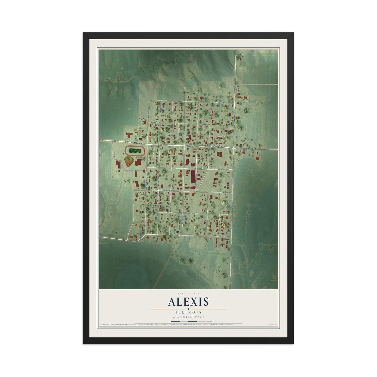 Map of Alexis, Illinois, 12 x 18 inch print in a black wood frame