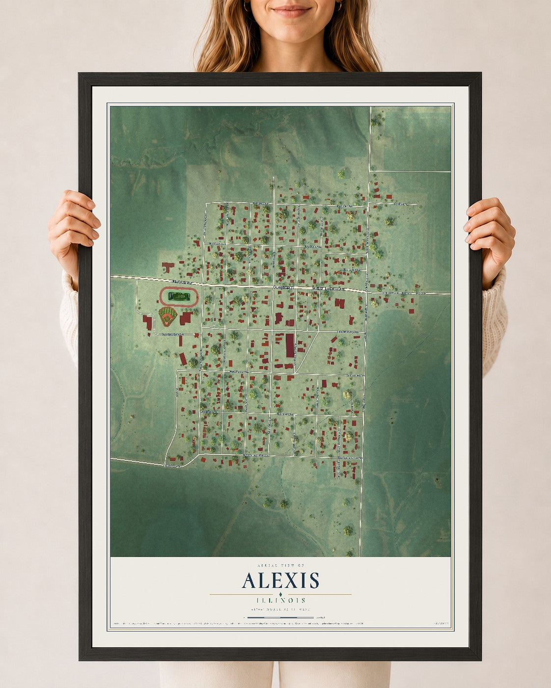 Map of Alexis, Illinois, 24 x 36 inch print in a black wood frame
