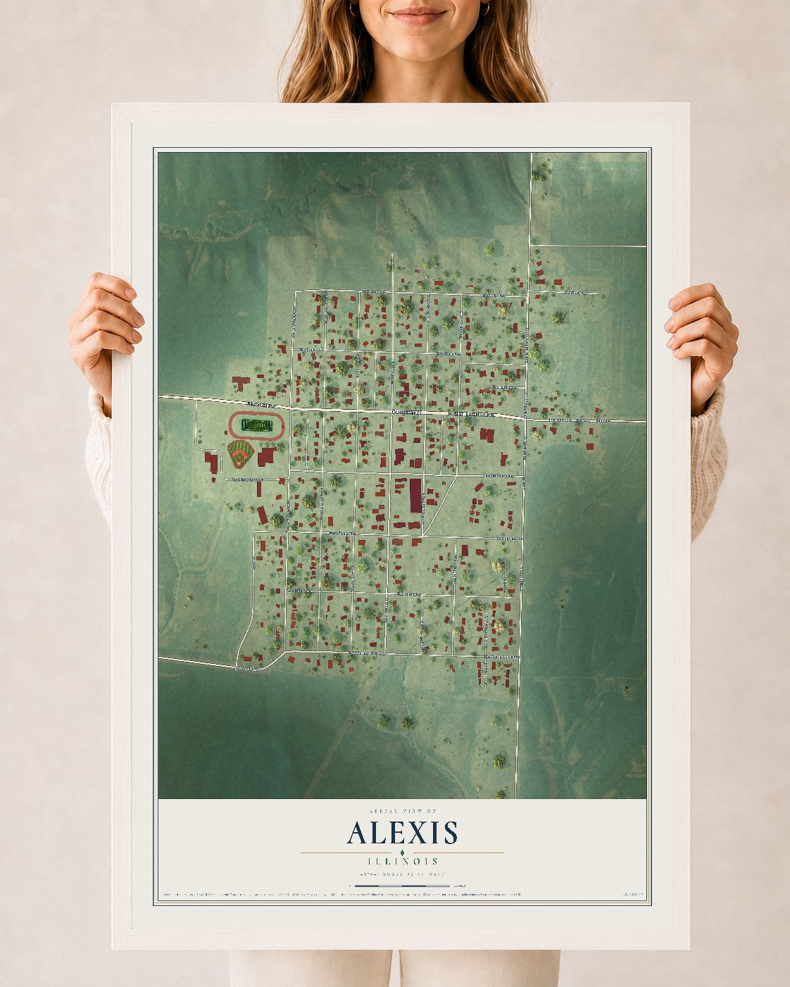 Map of Alexis, Illinois, 24 x 36 inch print in a white wood frame