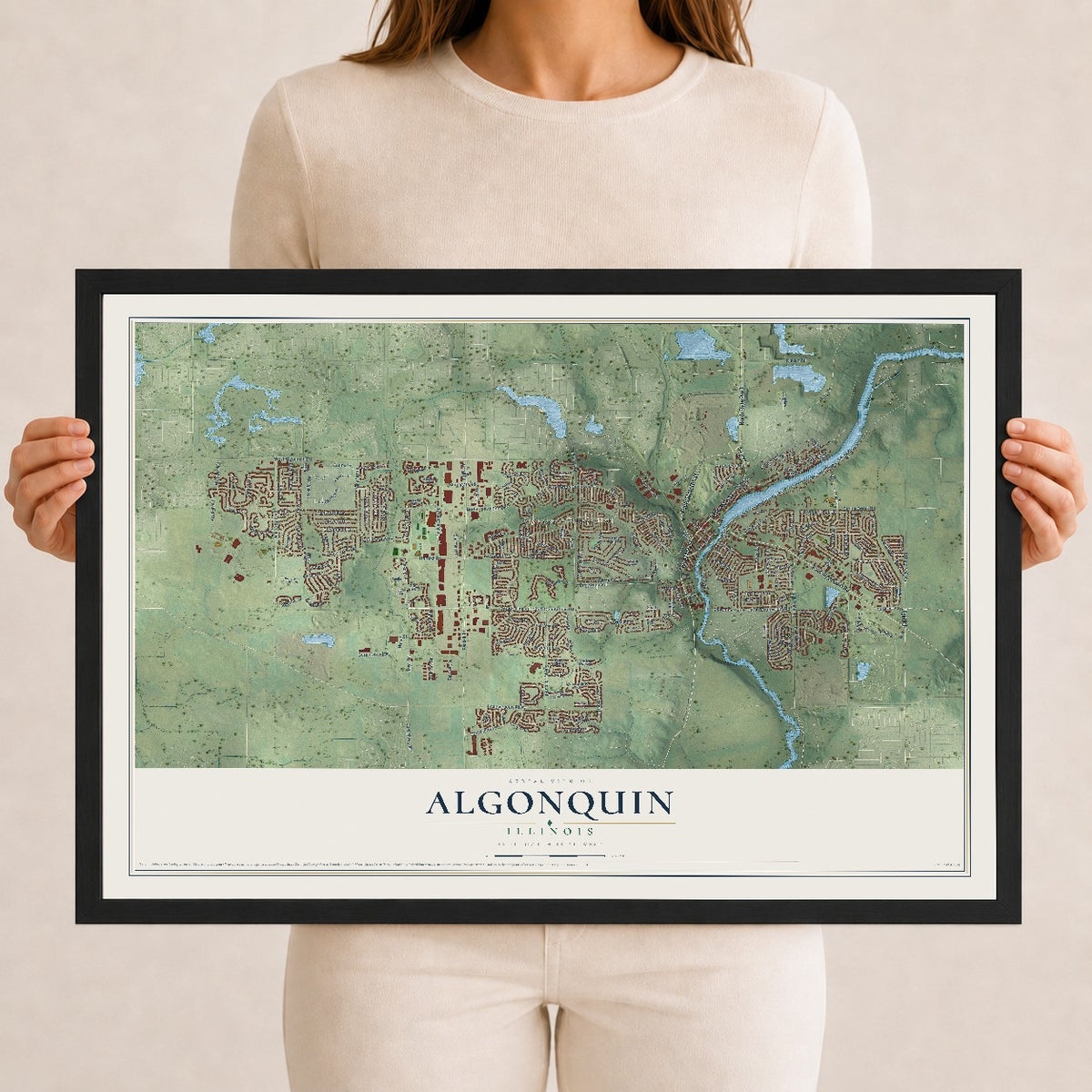 Map of Algonquin, Illinois, 12 x 18 inch print in a black wood frame