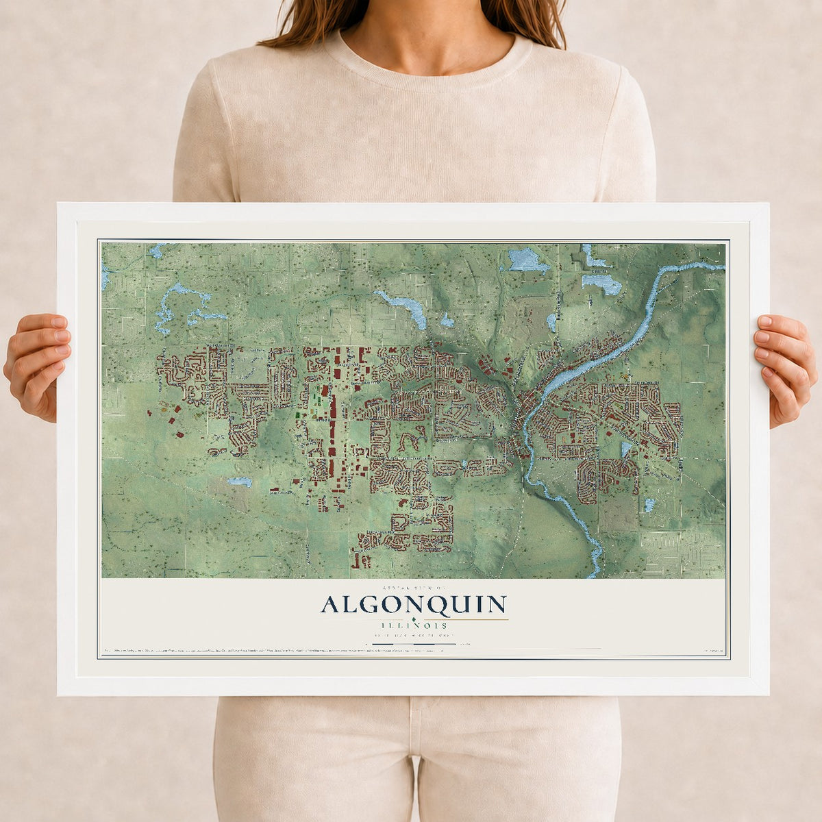Map of Algonquin, Illinois, 12 x 18 inch print in a white wood frame
