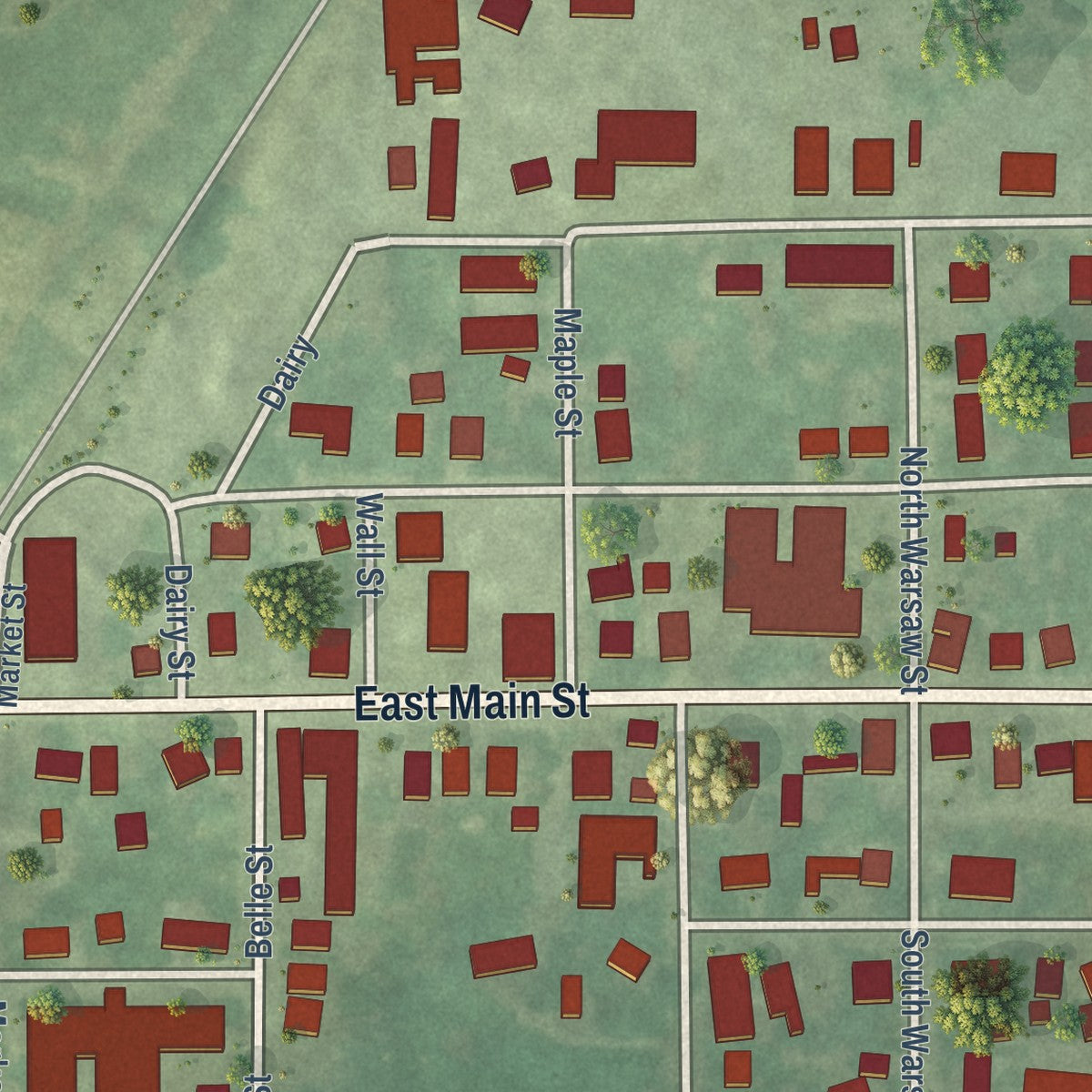 Close-up of the map of Alhambra, Illinois print showing street and building detail