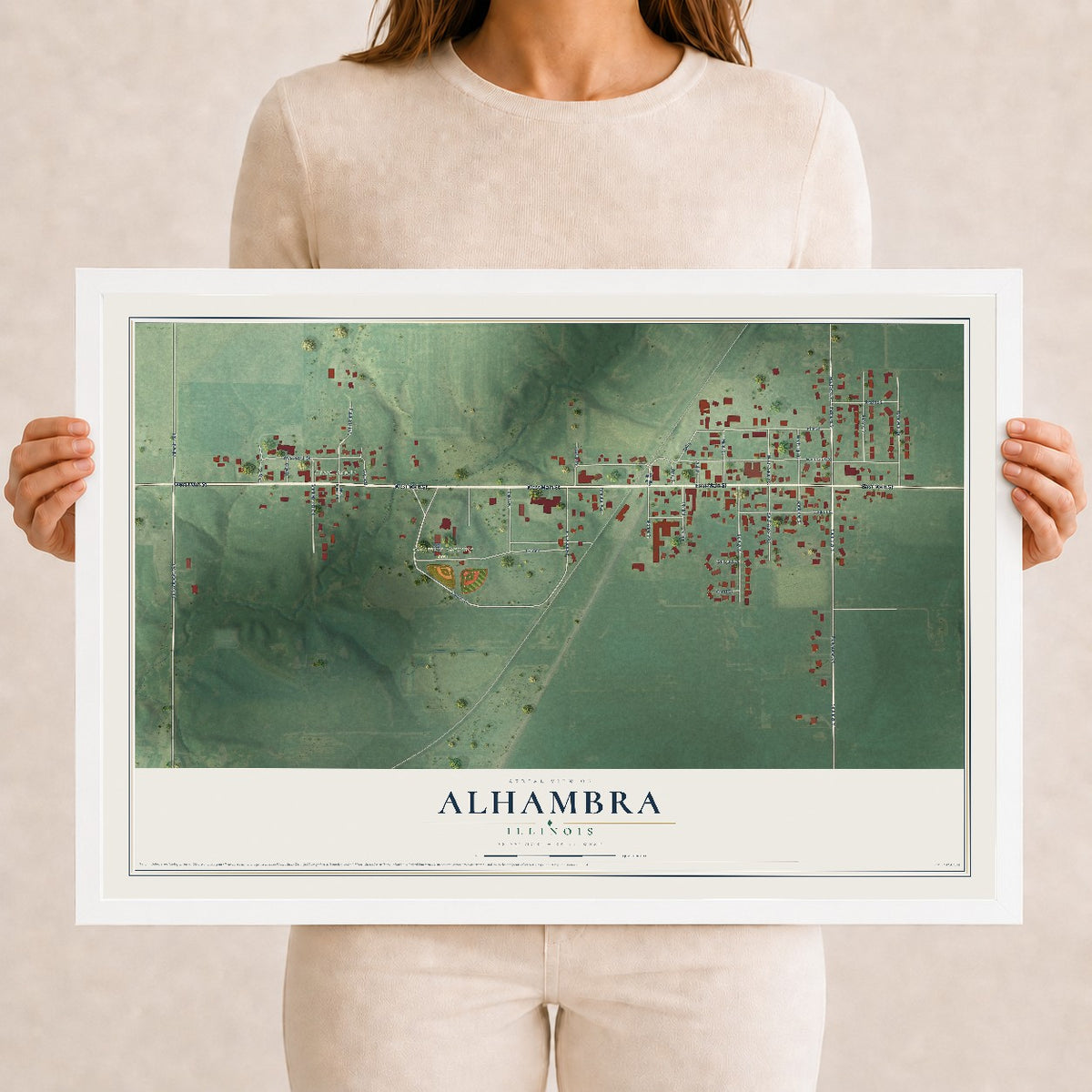 Map of Alhambra, Illinois, 12 x 18 inch print in a white wood frame