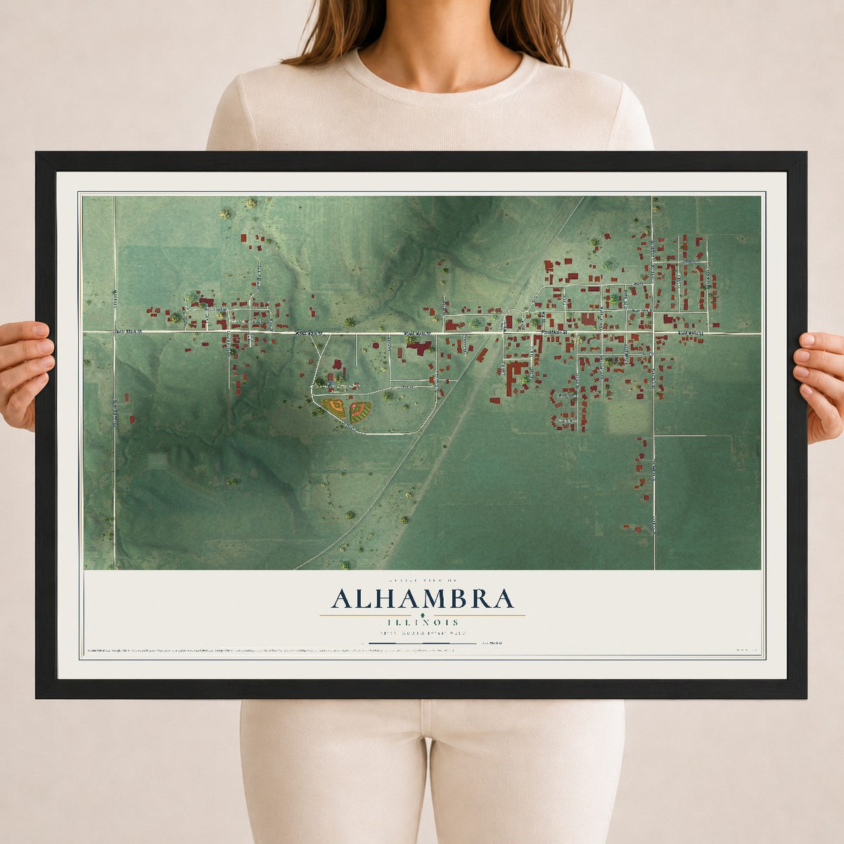 Map of Alhambra, Illinois, 18 x 24 inch print in a black wood frame
