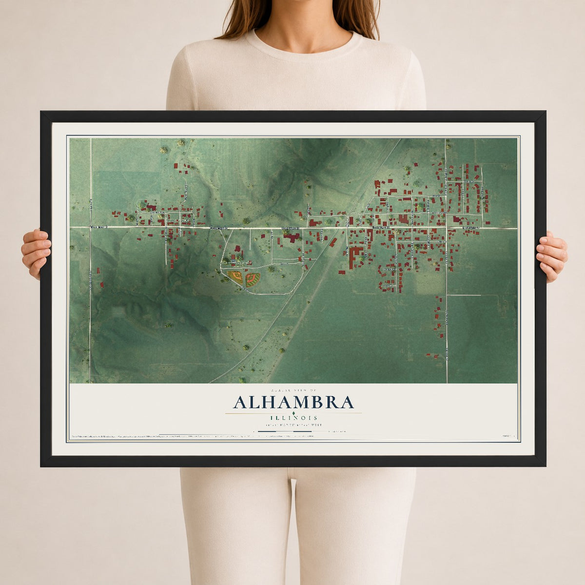 Map of Alhambra, Illinois, 24 x 36 inch print in a black wood frame