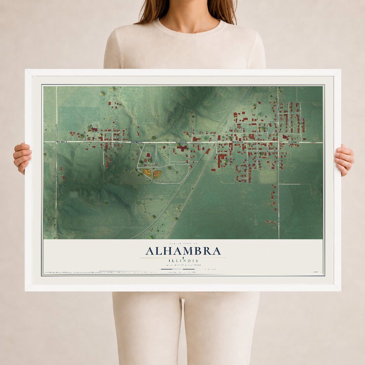 Map of Alhambra, Illinois, 24 x 36 inch print in a white wood frame