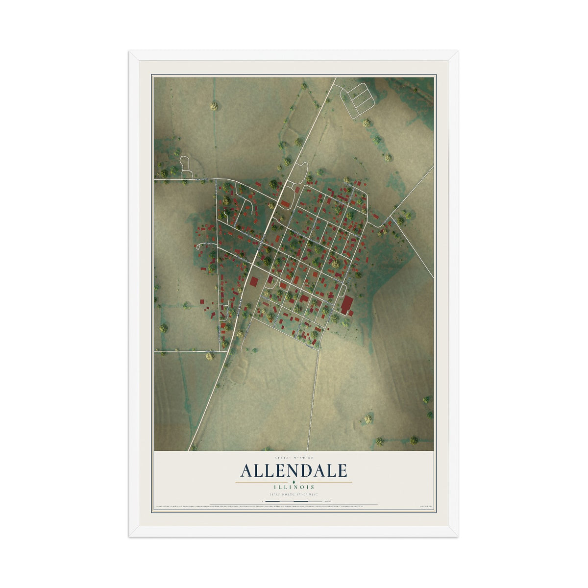Map of Allendale, Illinois, 12 x 18 inch print in a white wood frame