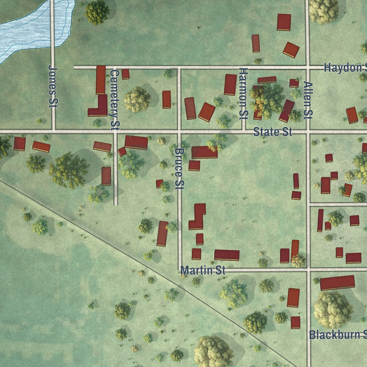 Close-up of the map of Allenville, Illinois print showing street and building detail