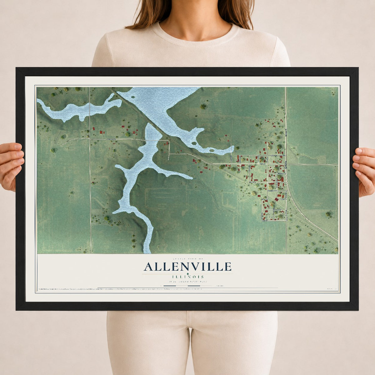 Map of Allenville, Illinois, 18 x 24 inch print in a black wood frame