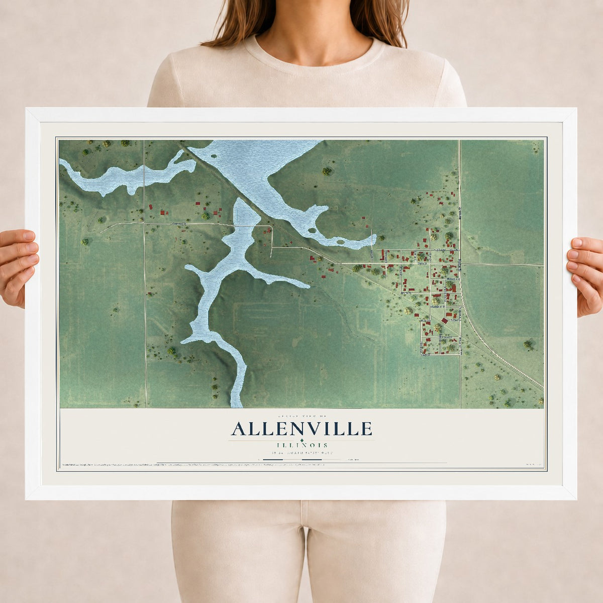 Map of Allenville, Illinois, 18 x 24 inch print in a white wood frame