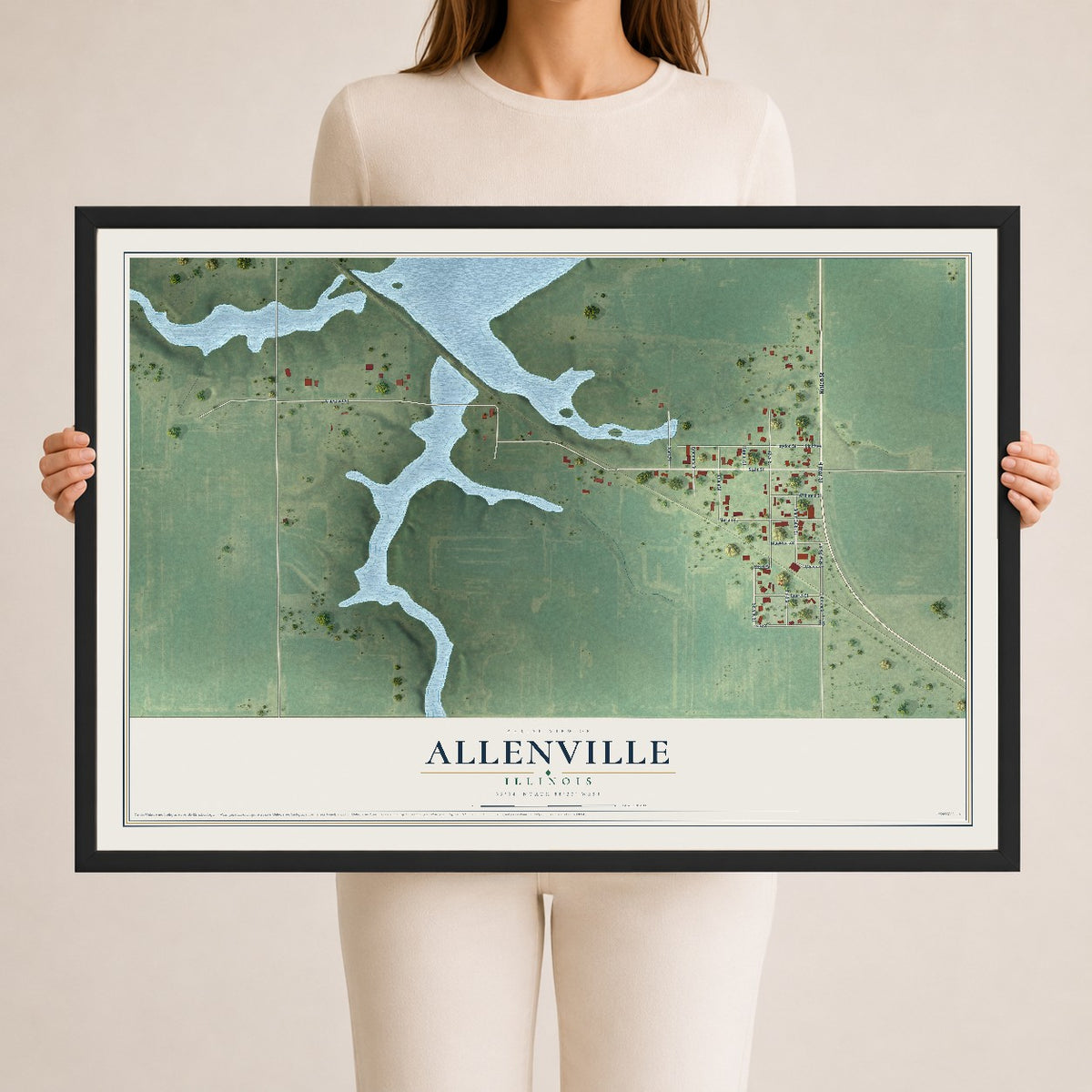 Map of Allenville, Illinois, 24 x 36 inch print in a black wood frame
