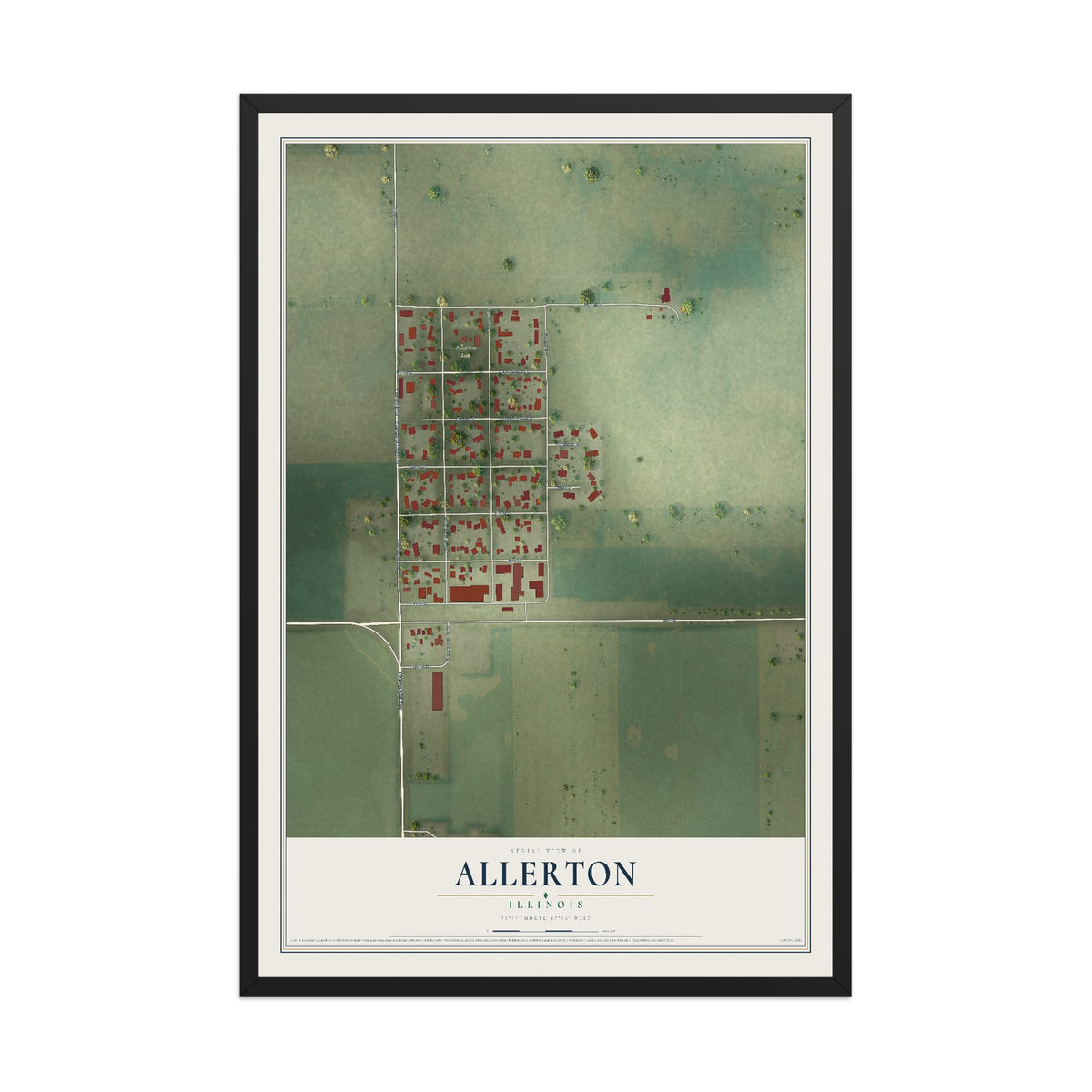 Map of Allerton, Illinois, 12 x 18 inch print in a black wood frame