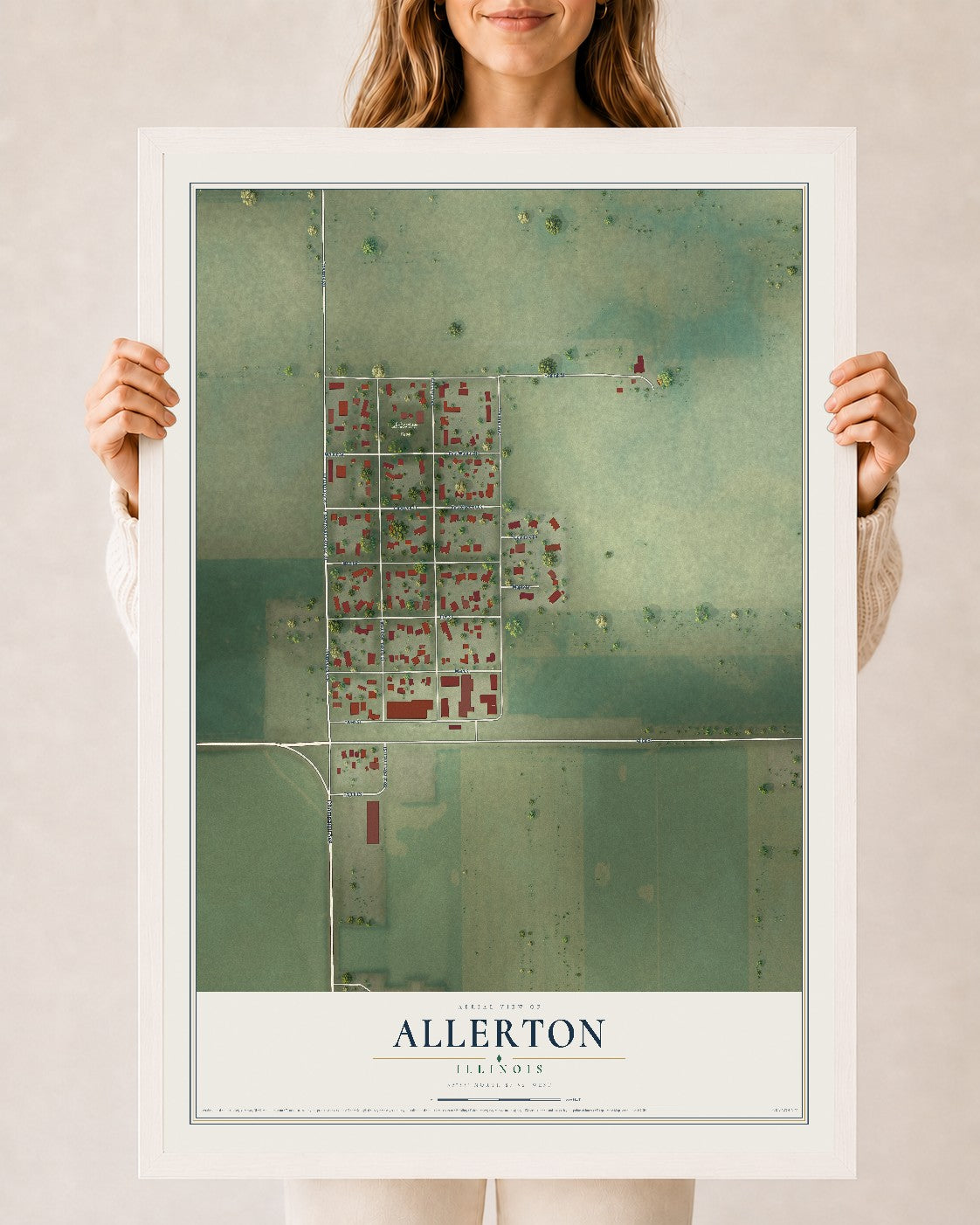 Map of Allerton, Illinois, 24 x 36 inch print in a white wood frame
