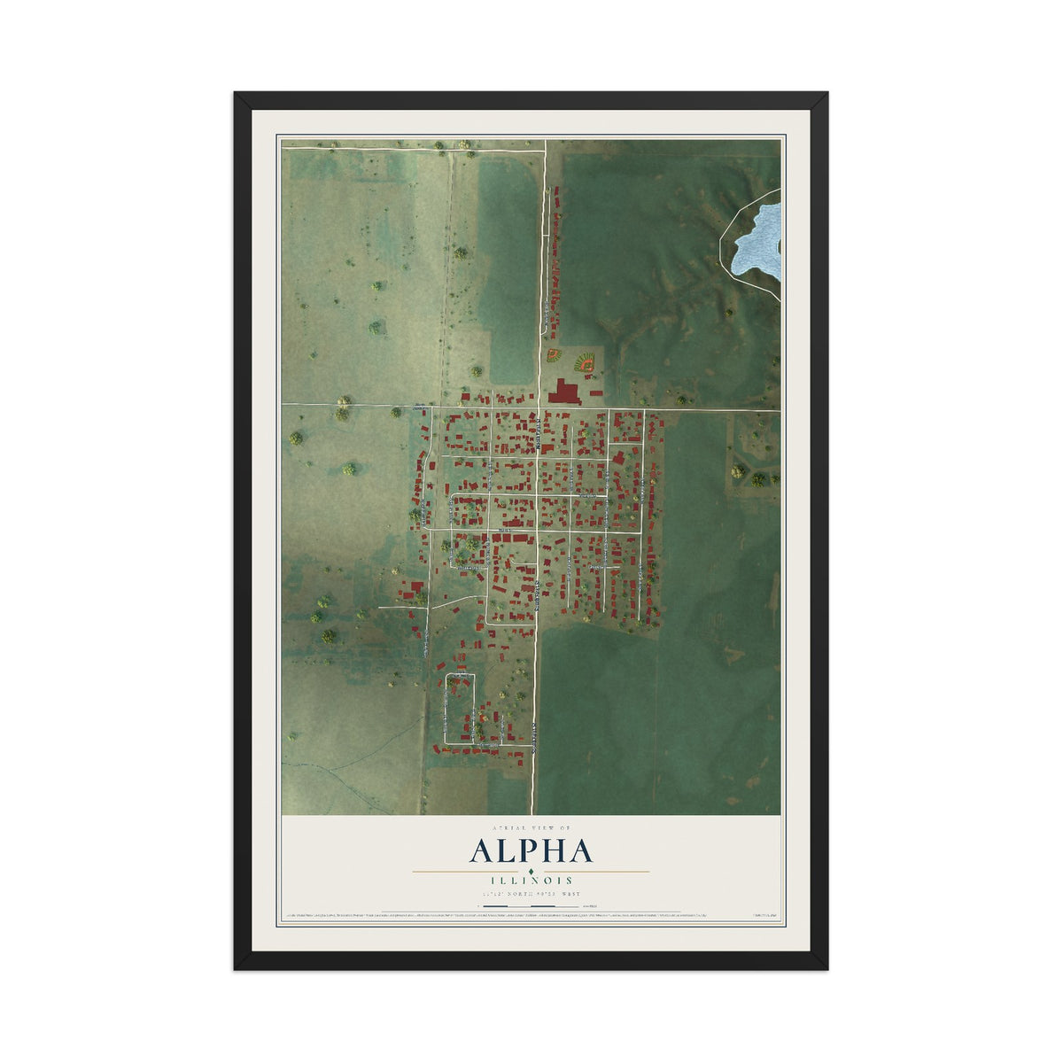 Map of Alpha, Illinois, 12 x 18 inch print in a black wood frame