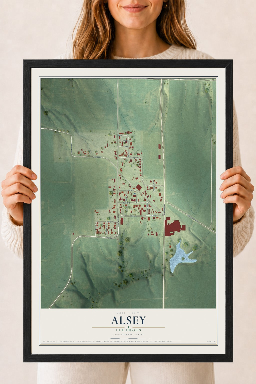 Map of Alsey, Illinois, 18 x 24 inch print in a black wood frame