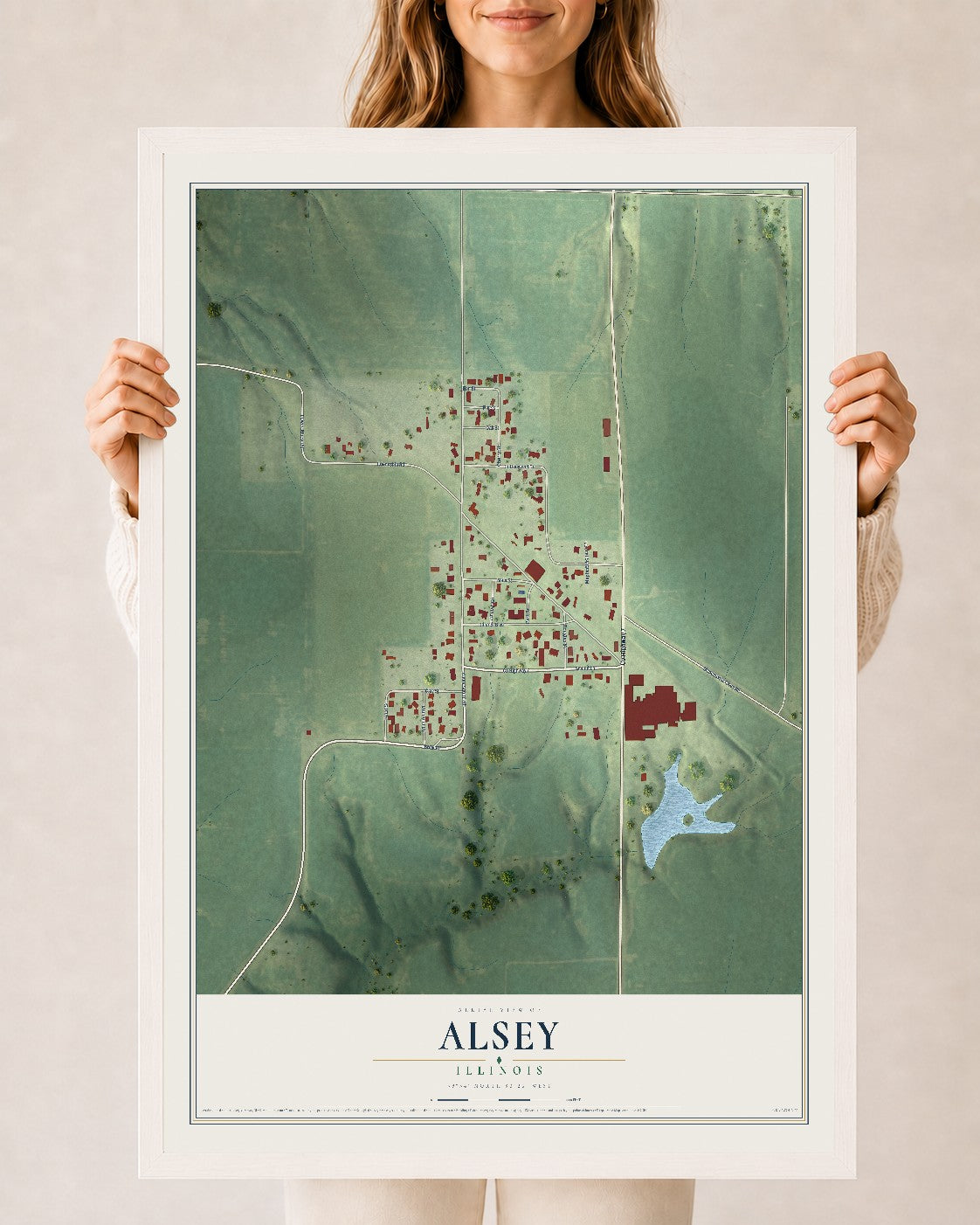 Map of Alsey, Illinois, 24 x 36 inch print in a white wood frame