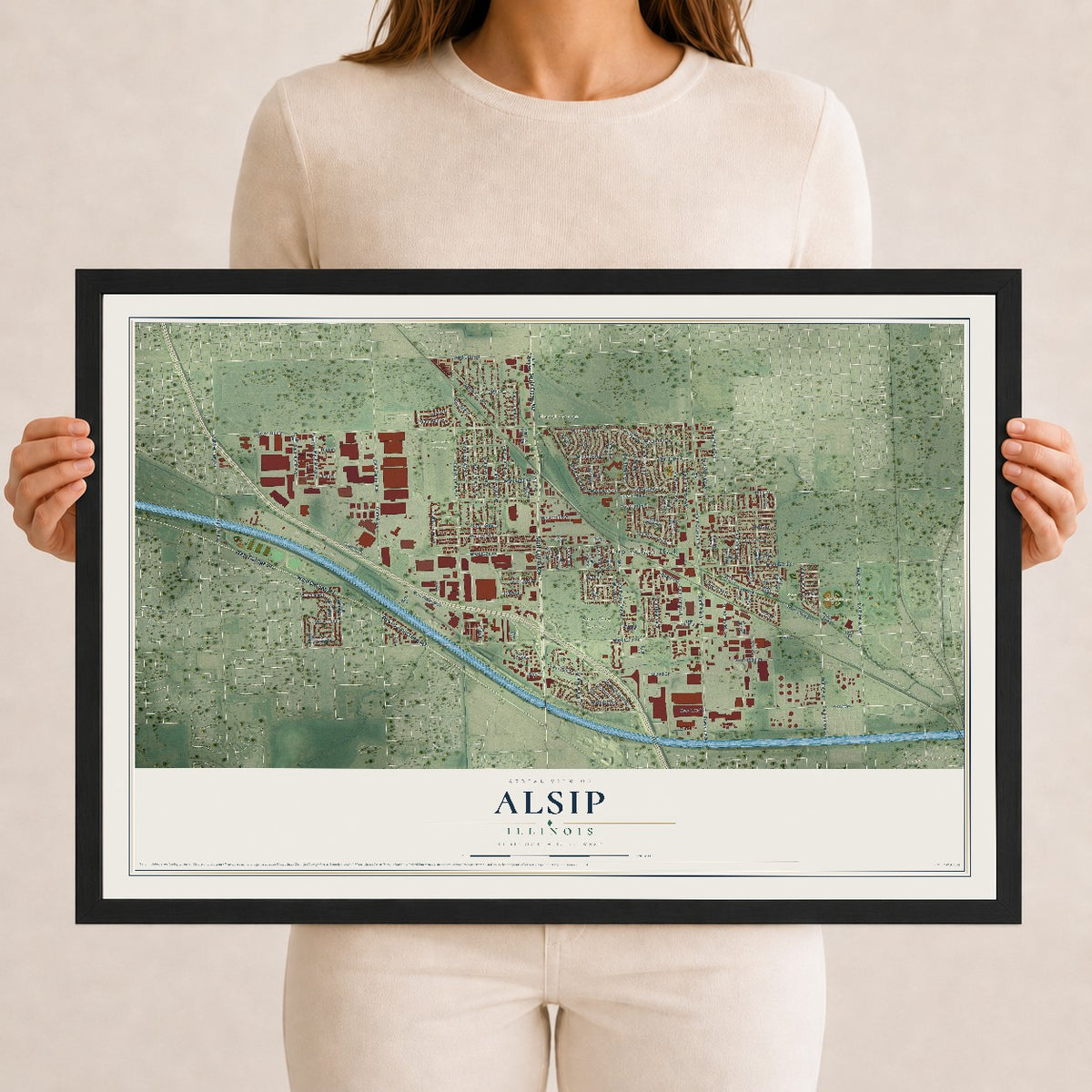 Map of Alsip, Illinois, 12 x 18 inch print in a black wood frame