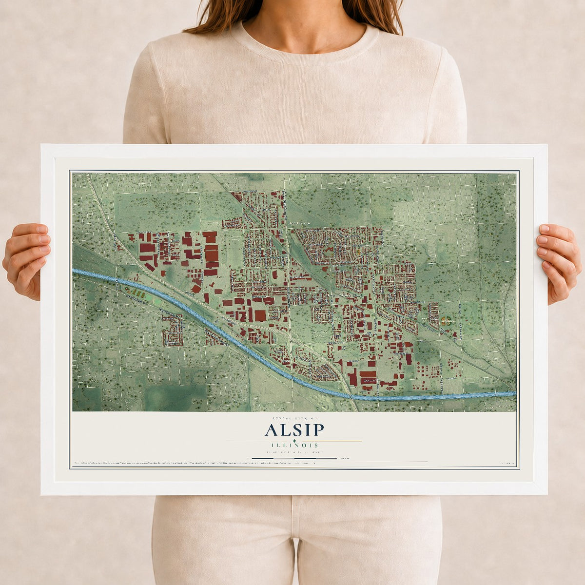Map of Alsip, Illinois, 12 x 18 inch print in a white wood frame