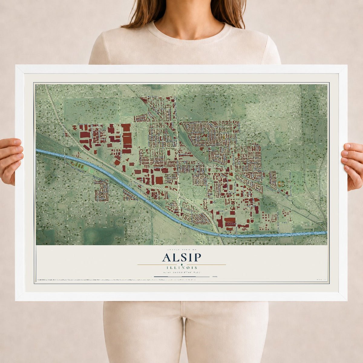 Map of Alsip, Illinois, 18 x 24 inch print in a white wood frame
