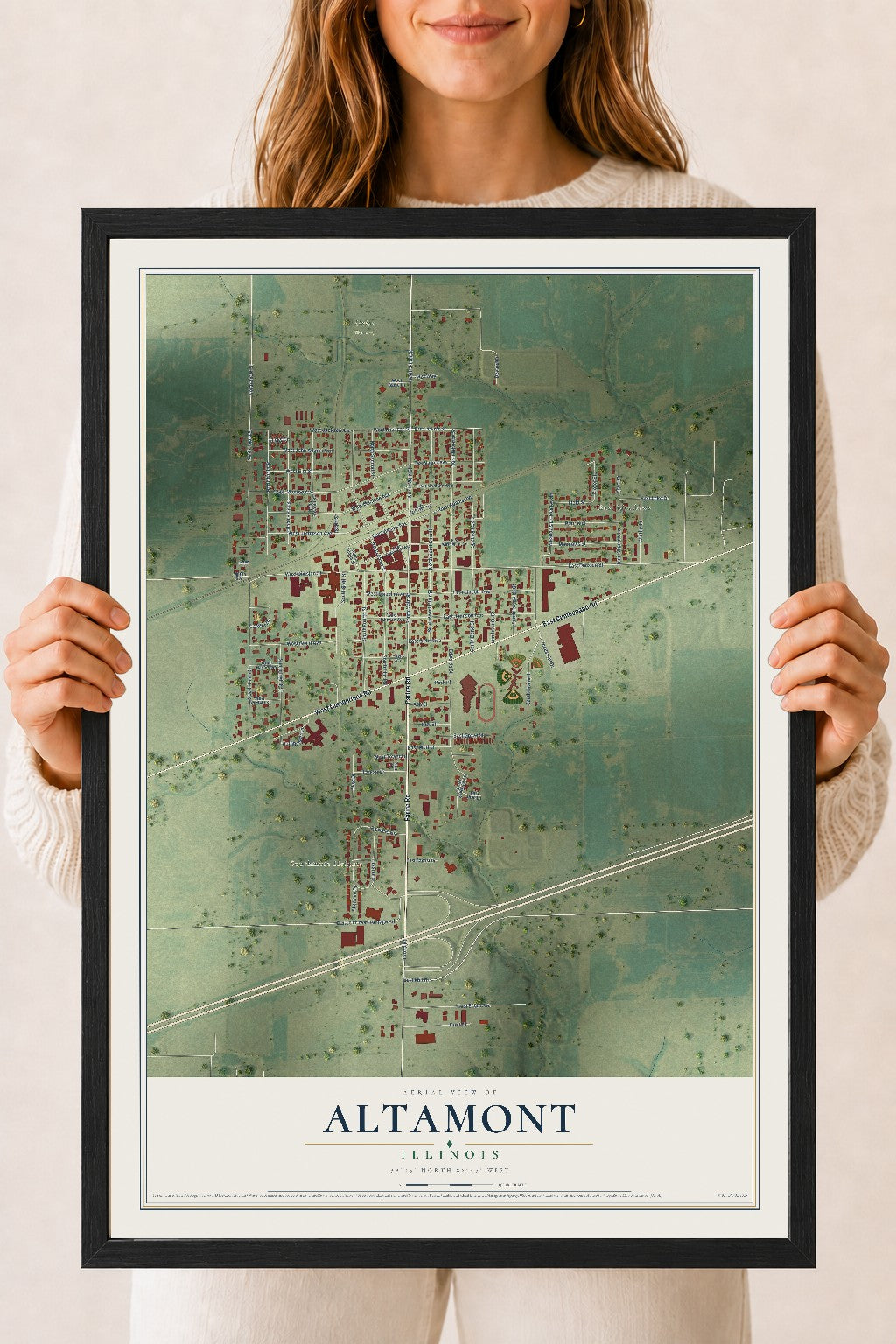 Map of Altamont, Illinois, 18 x 24 inch print in a black wood frame