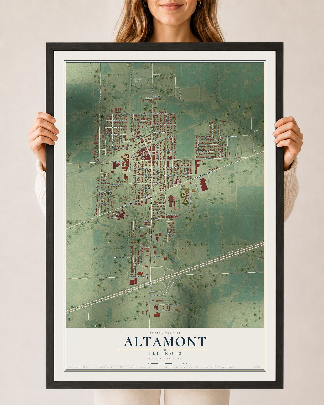 Map of Altamont, Illinois, 24 x 36 inch print in a black wood frame