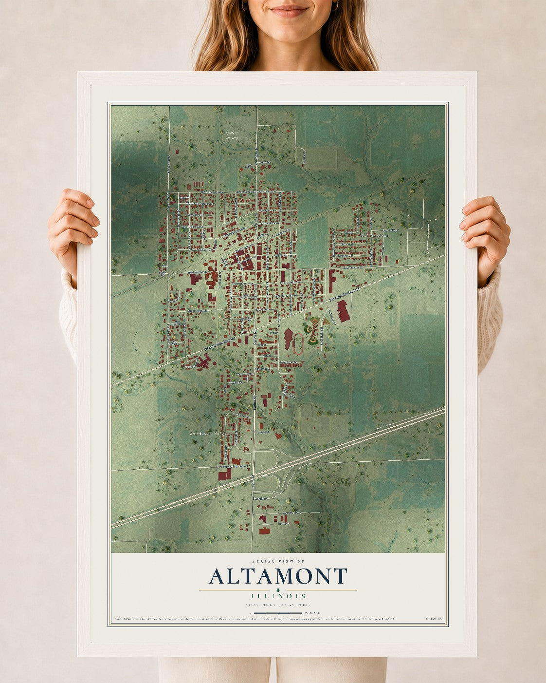 Map of Altamont, Illinois, 24 x 36 inch print in a white wood frame