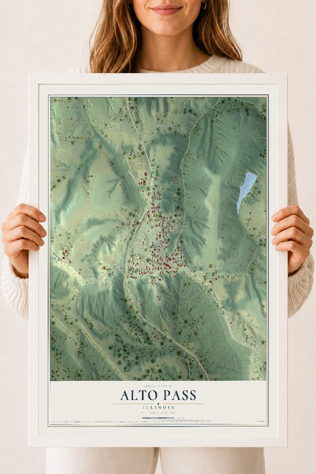 Map of Alto Pass, Illinois, 18 x 24 inch print in a white wood frame