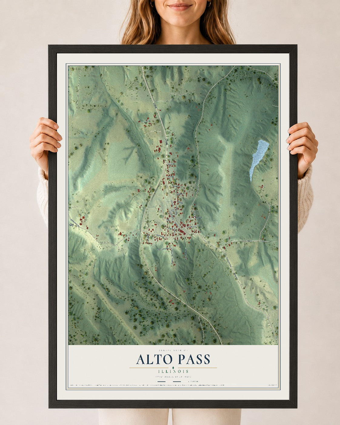 Map of Alto Pass, Illinois, 24 x 36 inch print in a black wood frame