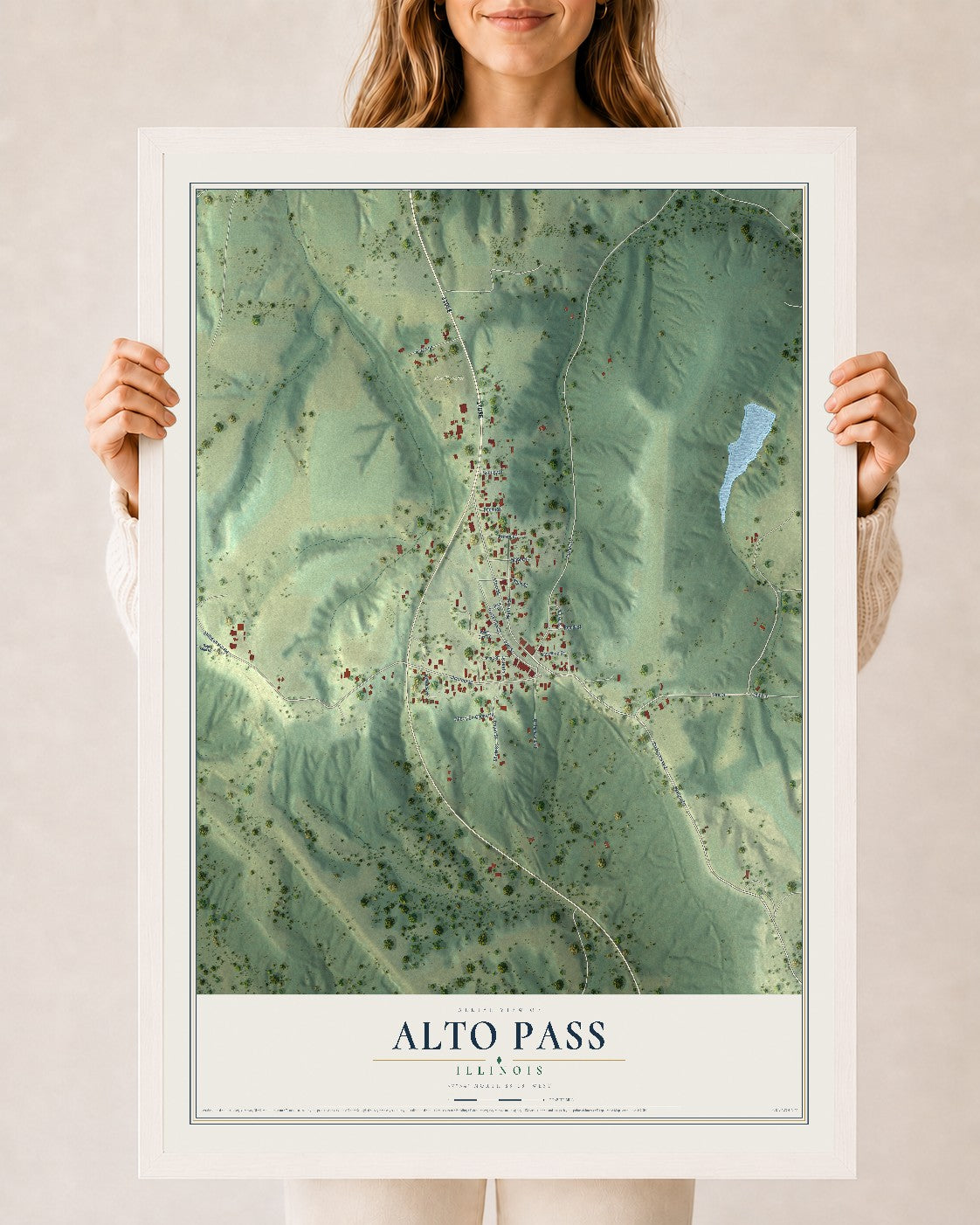 Map of Alto Pass, Illinois, 24 x 36 inch print in a white wood frame