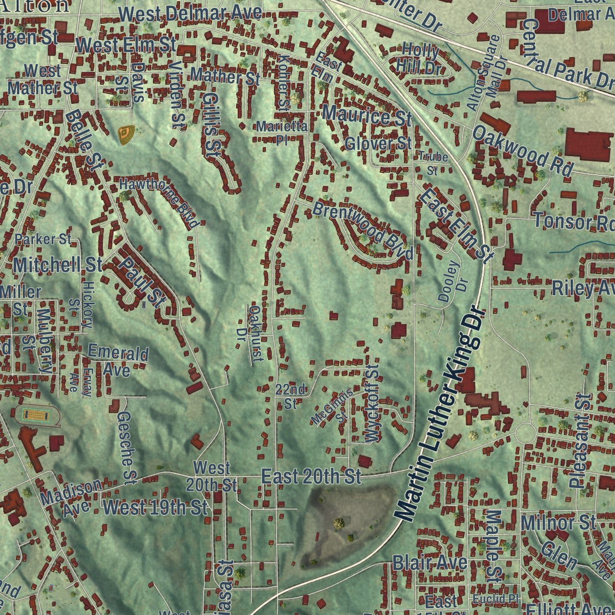 Close-up of the map of Alton, Illinois print showing street and building detail