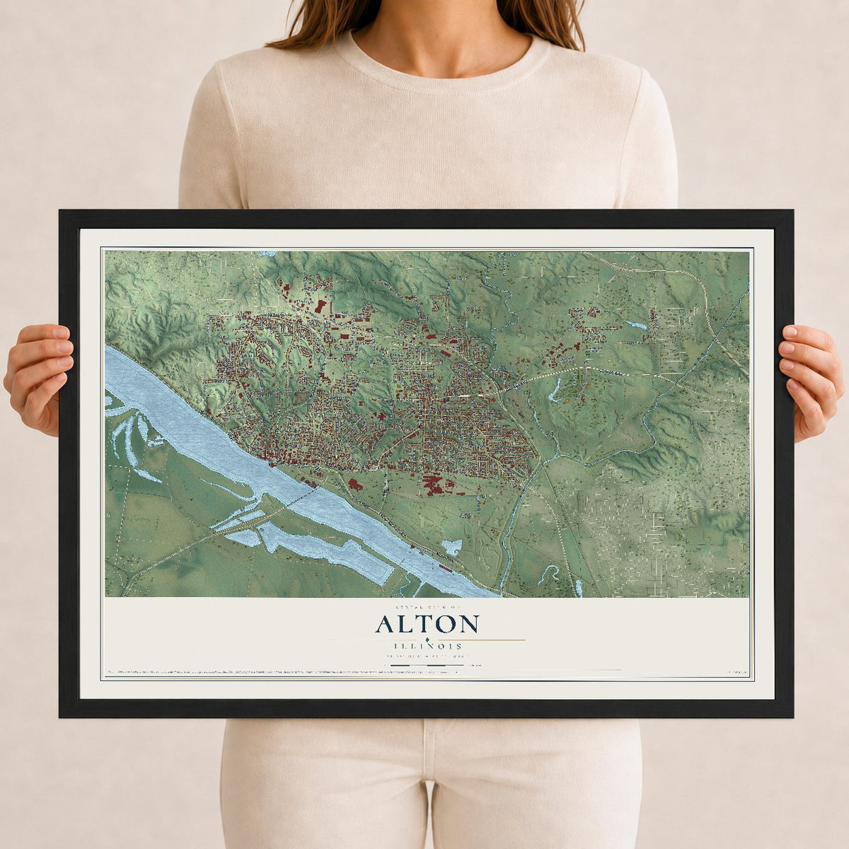 Map of Alton, Illinois, 12 x 18 inch print in a black wood frame