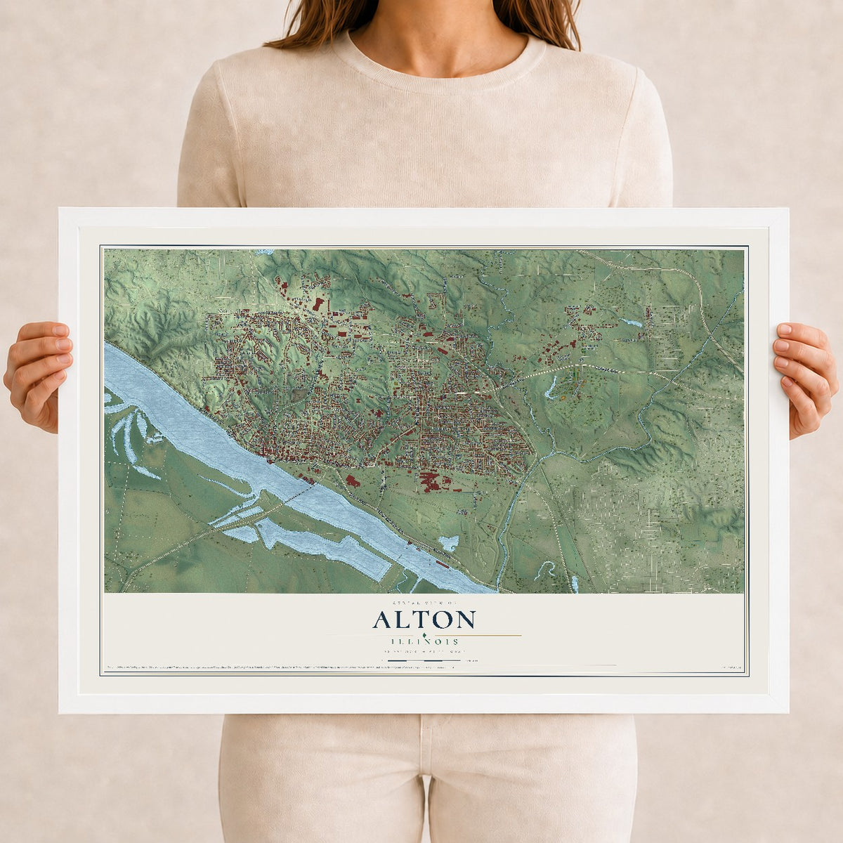 Map of Alton, Illinois, 12 x 18 inch print in a white wood frame